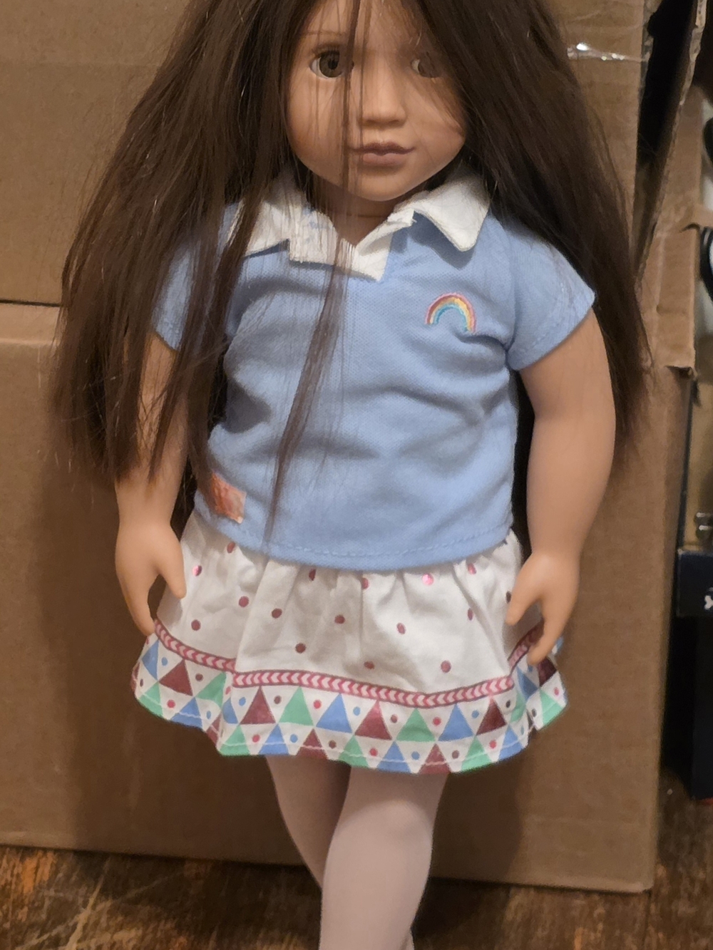 Light Blue Rainbow Polo Doll Outfit with Patterned Skirt